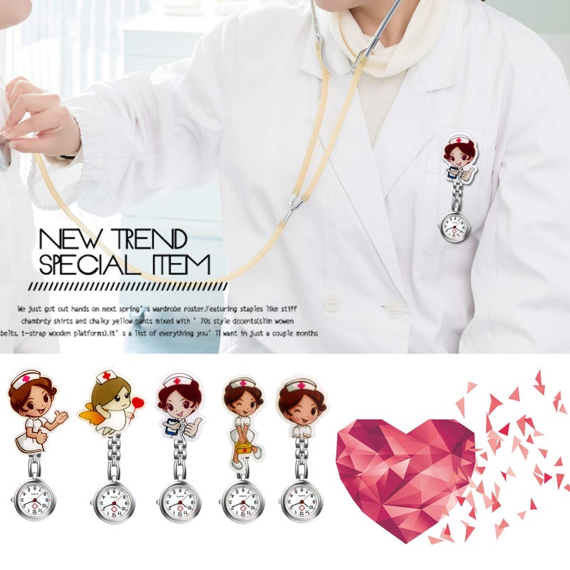 Avaner Nurse Watches Cute Cartoon Design Clip-on Fob Watches Analog Quartz Hanging Lapel Watches for Women (5 Pcs) - Image 2